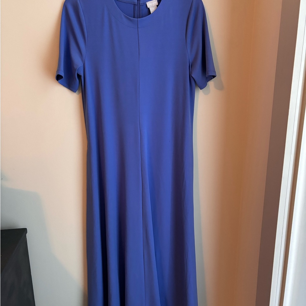 Chico's Blue A-Line Midi Dress with Crew Neck